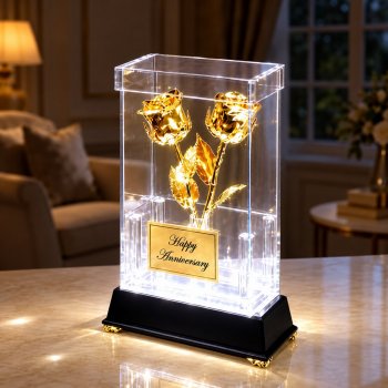 2 Illuminated 8" 24k Gold Roses in Custom Display Case